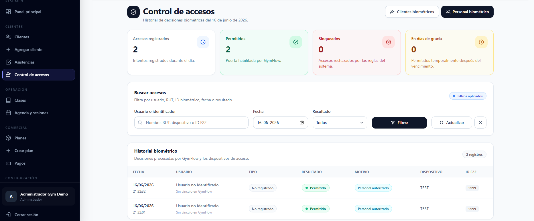 Control de acceso biométrico GymFlow